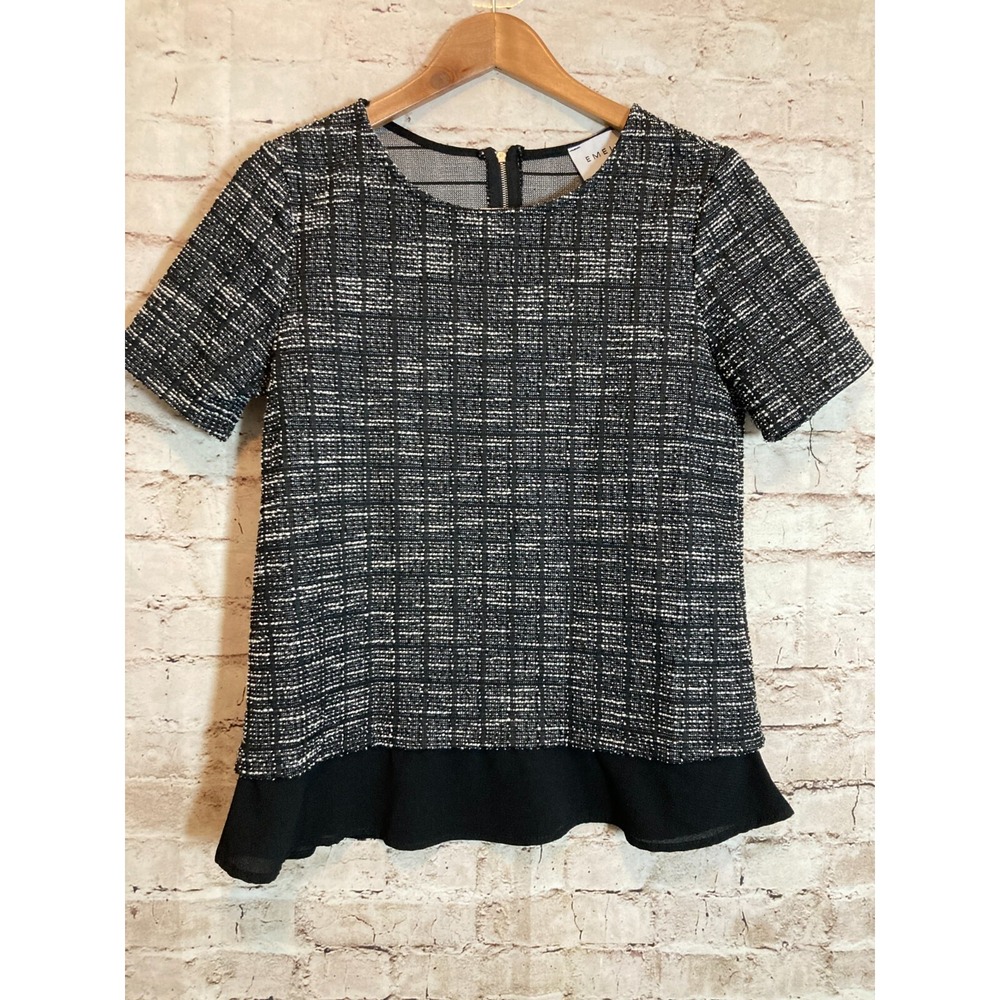 Emelia Tweed Top Womens Small Black Speckled Ruffle Hem Short Sleeve Career‎